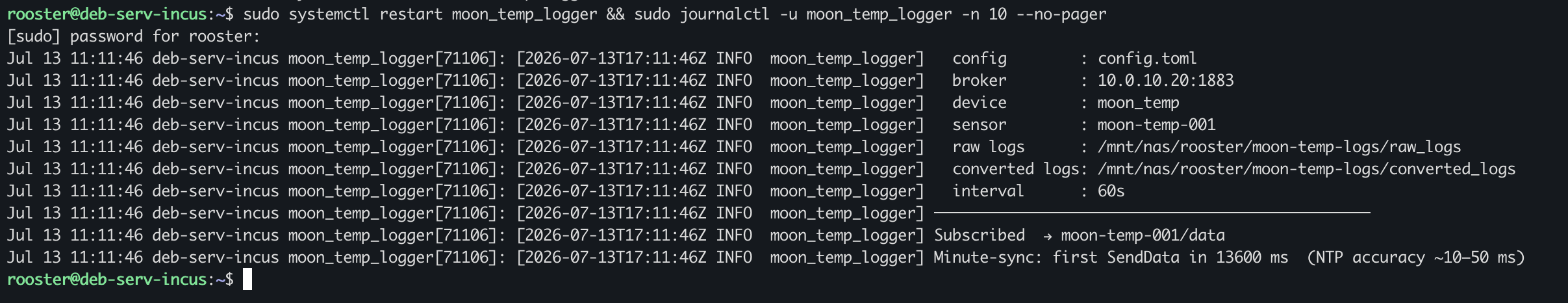 moon_temp_logger startup log — config, broker, sensor ID, NTP minute-sync
